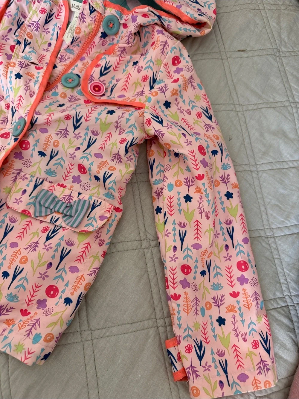 Matilda Jane Peach Floral Hooded Raincoat with Teal Buttons